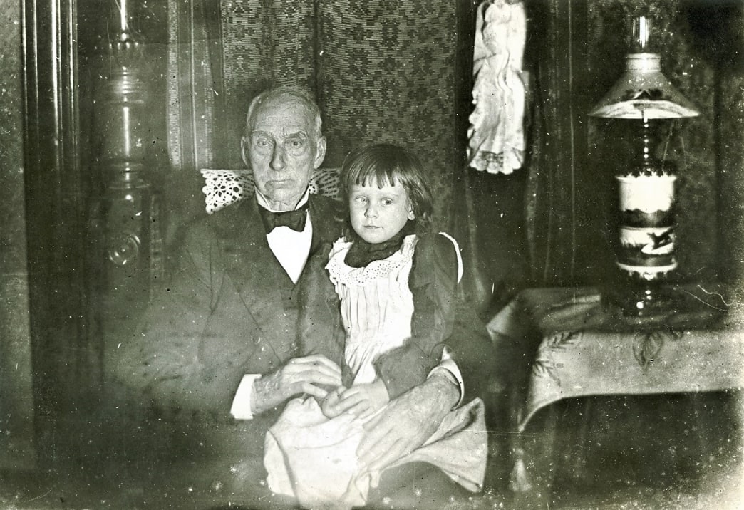 Photo: Alonzo Garcelon and his granddaughter Helen Francis Dennis (1903-1995), daughter of Francis Clifford Dennis and Edith Spear Garcelon. She married Louis E. Kauder. Courtesy of David Garcelon of Maine. He is a surveyor, historian and author.