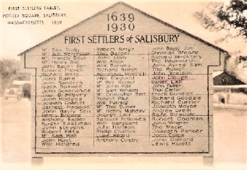 Photo: marker listing the First Settlers of Salisbury, Massachusetts, which has since been replaced. The families in today’s article that are listed on this tablet are: Hoyt, Bradbury, Stevens, North, and Barnes. Credit: Gustavus3; Wikimedia Commons.