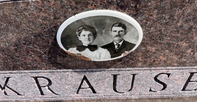 Photo: Mr. and Mrs. Krause porcelain portraits on their gravestone, WaKeeney City Cemetery, Trego County, Kansas. Credit: Gena Philibert-Ortega.