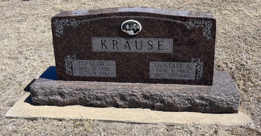 Photo: porcelain portrait of Elfreda and Gustave Krause on their gravestone, WaKeeney City Cemetery, Trego County, Kansas. Credit: Gena Philibert-Ortega.