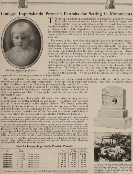 Photo: page from a 1919 Sears Catalog describing porcelain portraits for grave markers. Credit: Internet Archive (https://archive.org/details/monumentstombsto00sear/page/42/mode/2up).