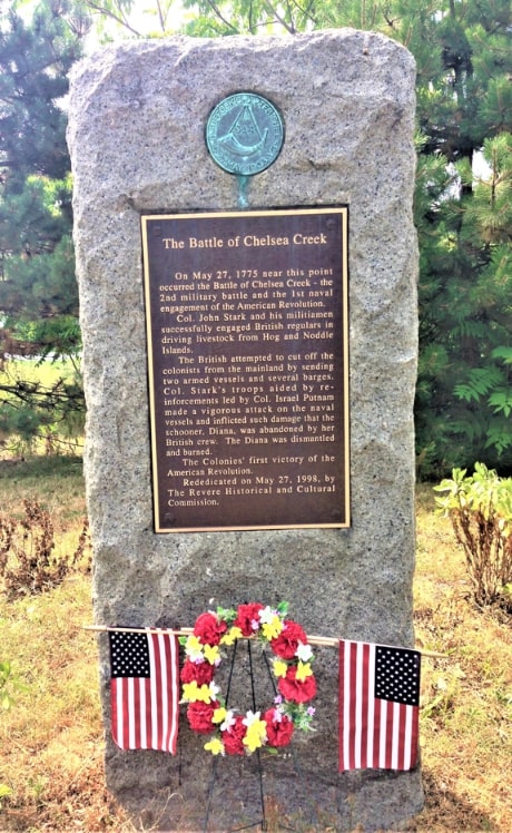Photo: Battle of Chelsea Creek marker at the intersection of Revere Beach Pkwy and Broadway, Revere, Massachusetts. Credit: Ali Newton. Courtesy of the Historical Marker database.