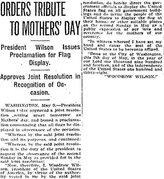 An article about Mother's Day, Plain Dealer newspaper 10 May 1914