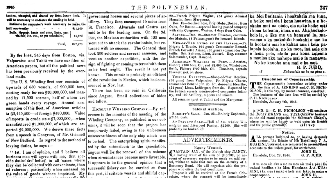 News and advertisements, Polynesian newspaper 25 January 1845