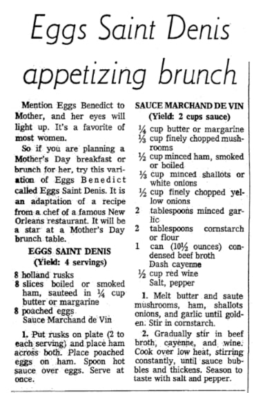 A recipe for eggs saint denis, Seattle Daily Times newspaper 6 May 1970