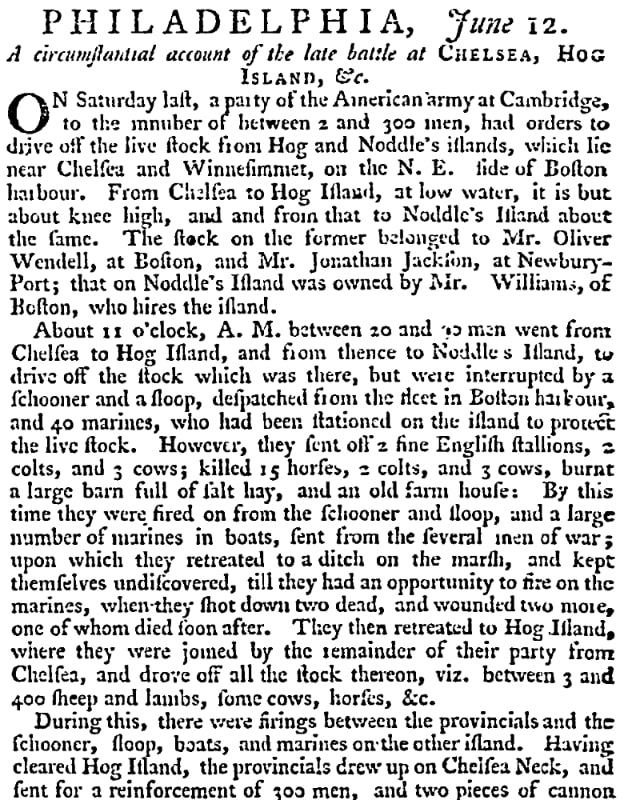 An article about the Battle of Chelsea Creek, Virginia Gazette newspaper 24 June 1775