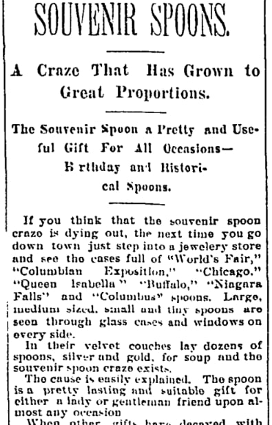 An article about souvenir spoons, Buffalo News newspaper 29 May 1893