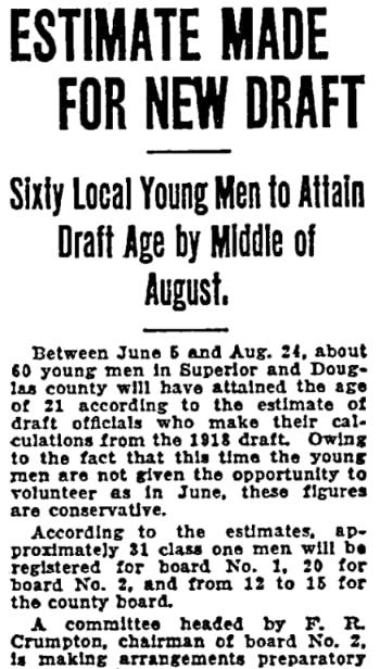 An article about the military draft in WWI, Duluth News Tribune newspaper 16 August 1918