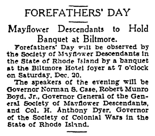 An article about Forefathers' Day, Evening Bulletin newspaper 9 December 1930