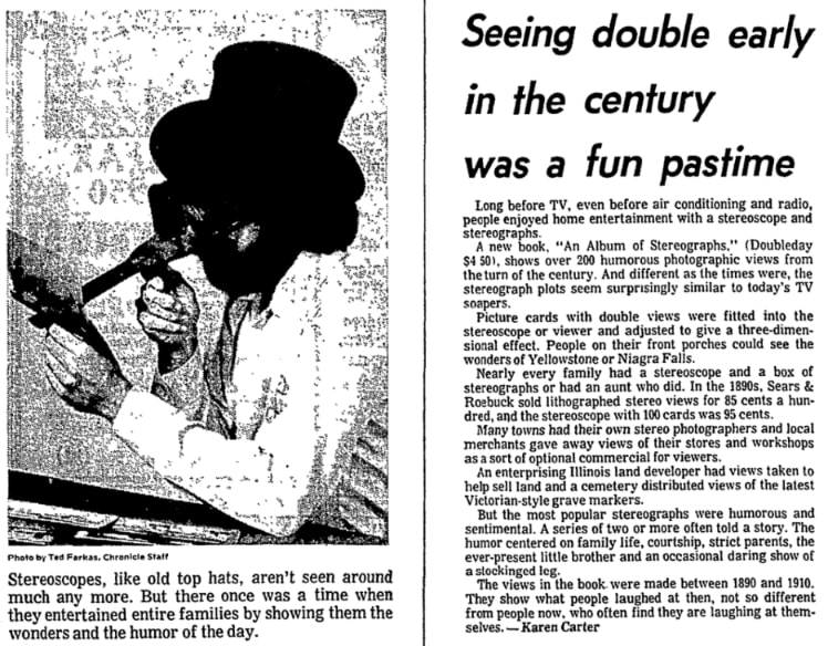 An article about stereoscopes and stereograph cards, Houston Chronicle newspaper 9 May 1977