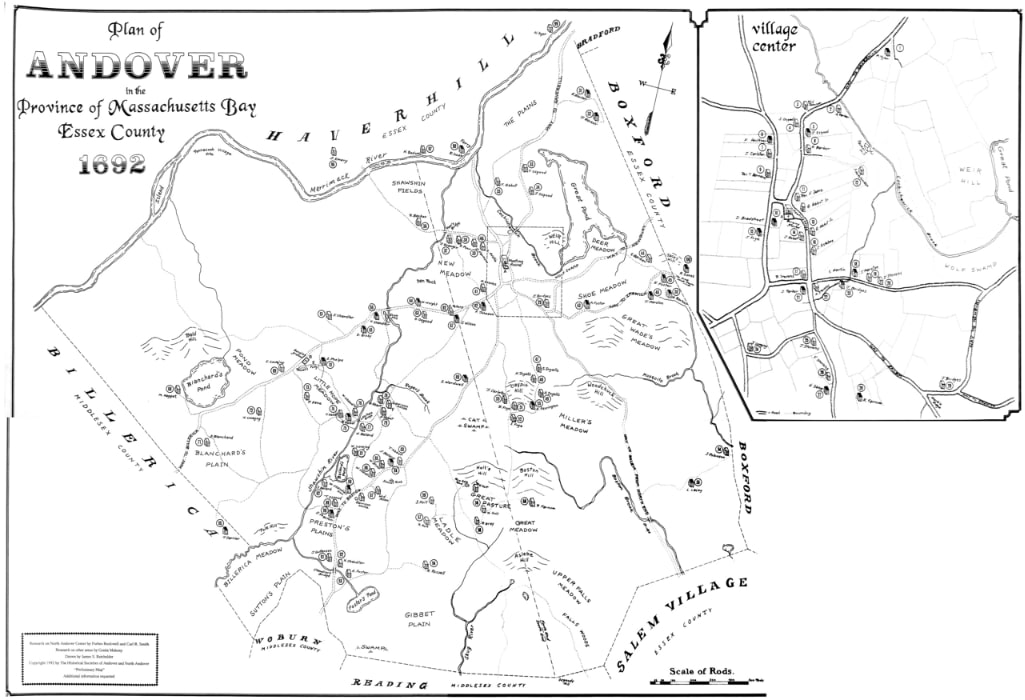 Map: Andover, Massachusetts, in 1692. The University of Virginia site has an index to this map.