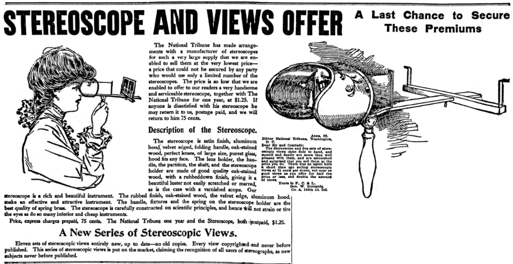 An article about stereoscopes and stereograph cards, National Tribune newspaper 4 February 1909