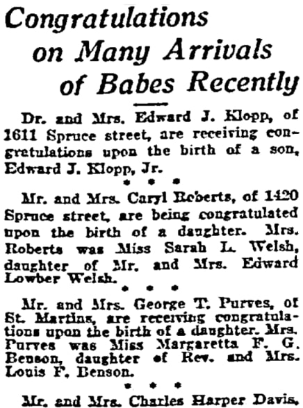 Birth announcements, Philadelphia Inquirer newspaper 5 March 1922
