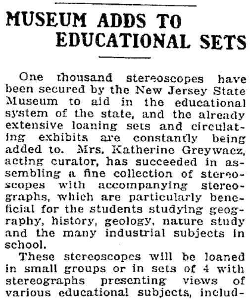 An article about stereoscopes and stereograph cards, Trenton Evening Times newspaper 3 August 1920