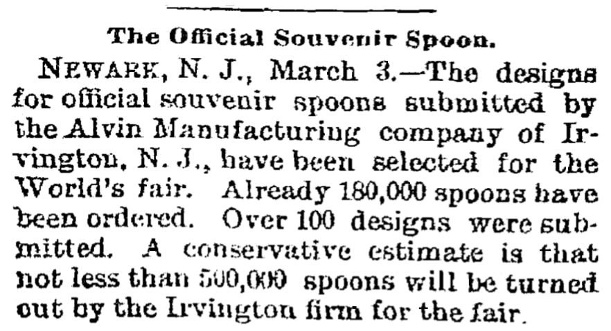 An article about souvenir spoons, Trenton Times newspaper 3 March 1893
