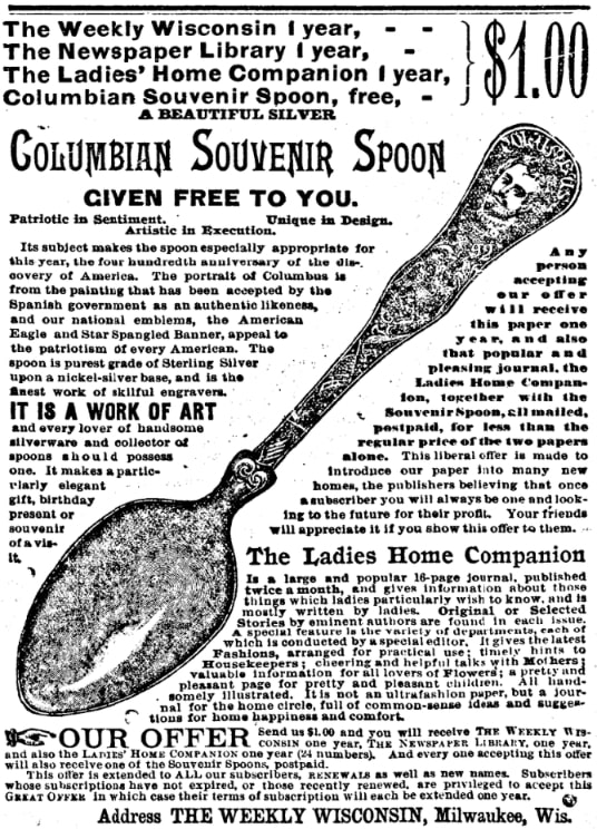 An article about souvenir spoons, Watertown Republican newspaper 26 July 1893