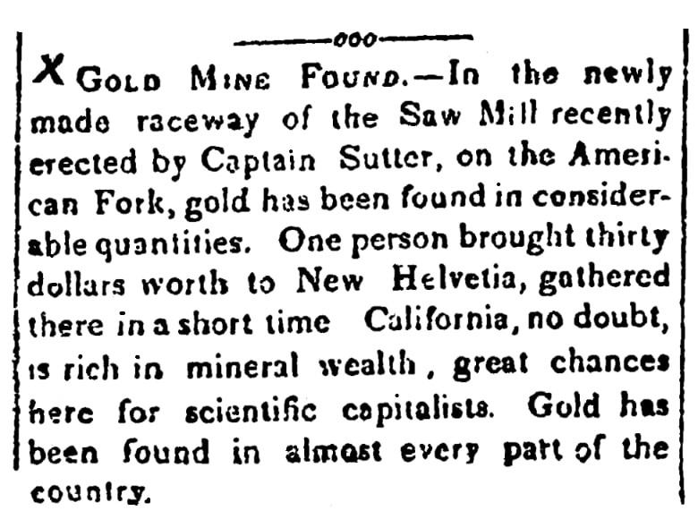 An article about gold being discovered in California, Californian newspaper 15 March 1848