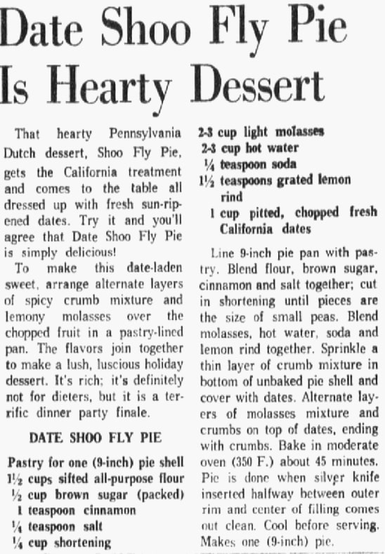 Shoofly pie recipe, Dallas Morning News newspaper 15 December 1960