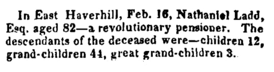 An obituary for Nathaniel Ladd, Essex North Register and Family Monitor newspaper 24 February 1837
