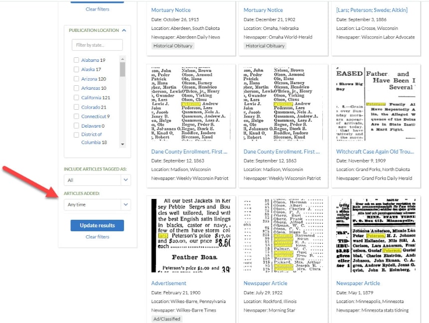 A screenshot of GenealogyBank's search results page, showing the "Articles Added" feature