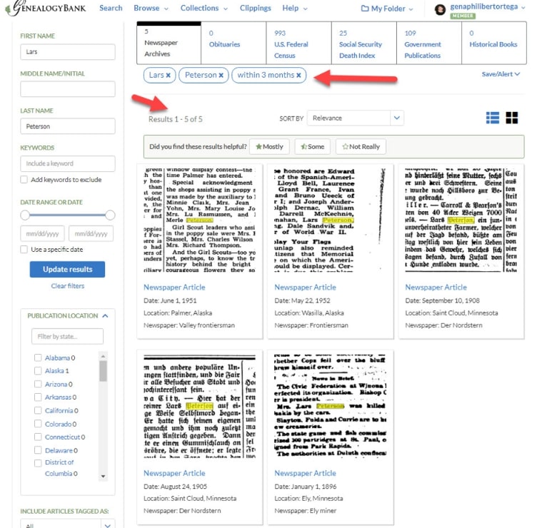 A screenshot of GenealogyBank's search results page, showing the "Within 3 months" choice offered by the "Articles Added" feature
