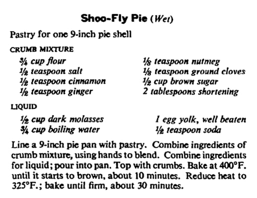 Shoofly pie recipe, Houston Post newspaper 9 September 1956