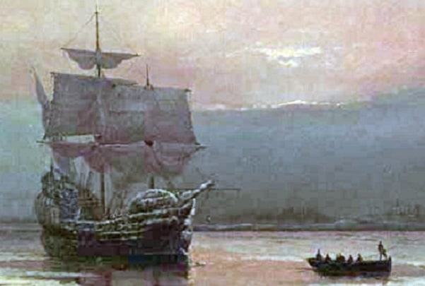 Painting: “Mayflower in Plymouth Harbor,” by William Halsall, 1882. Credit: Wikimedia Commons.