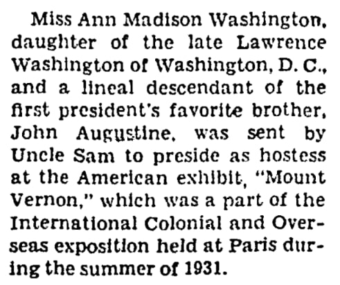 An article about Anne Washington (from George Washington's family line), Milwaukee Journal newspaper 21 February 1932