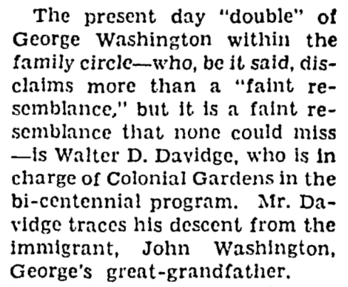 An article about Walter Davidge (from George Washington's family line), Milwaukee Journal newspaper 21 February 1932