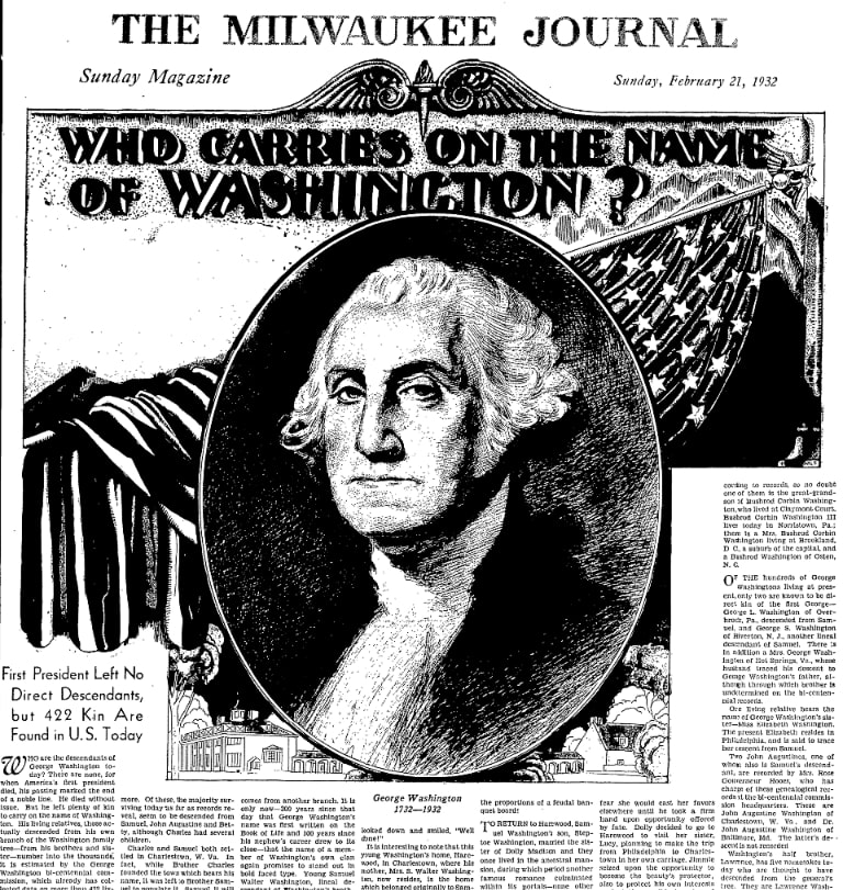 An article about the descendants of George Washington's family line, Milwaukee Journal newspaper 21 February 1932