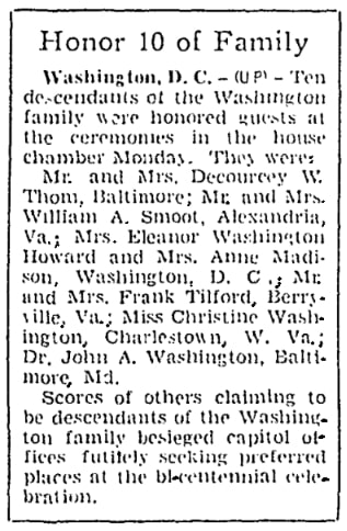An article about the descendants of George Washington's family line, Milwaukee Journal newspaper 22 February 1932