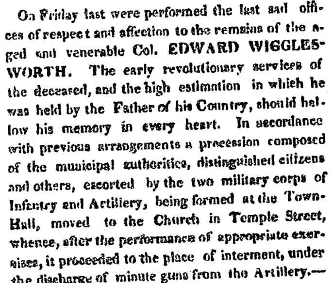 An obituary for Edward Wigglesworth, Newburyport Herald newspaper 15 December 1826