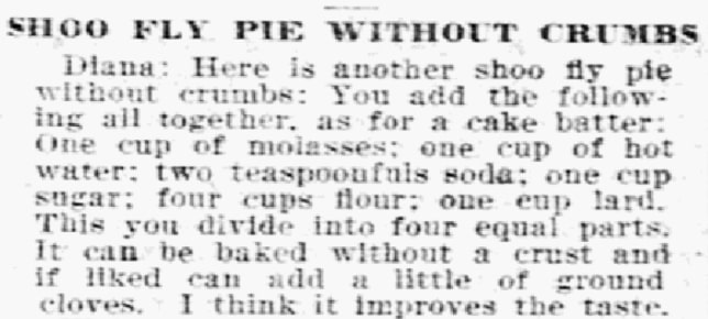 Shoofly pie recipe, Philadelphia Inquirer newspaper 21 November 1908