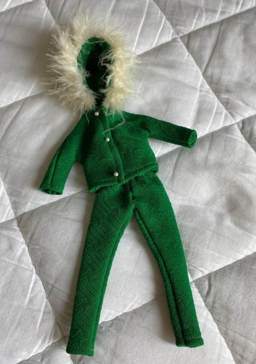 Photo: homemade ski suit for Barbie with fur. Credit: Dawne Slater.