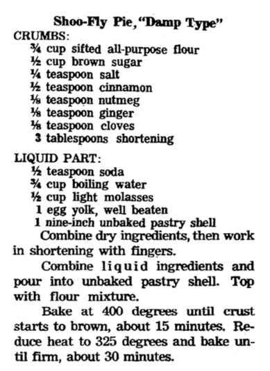 Shoofly pie recipe, Plain Dealer newspaper 9 October 1966