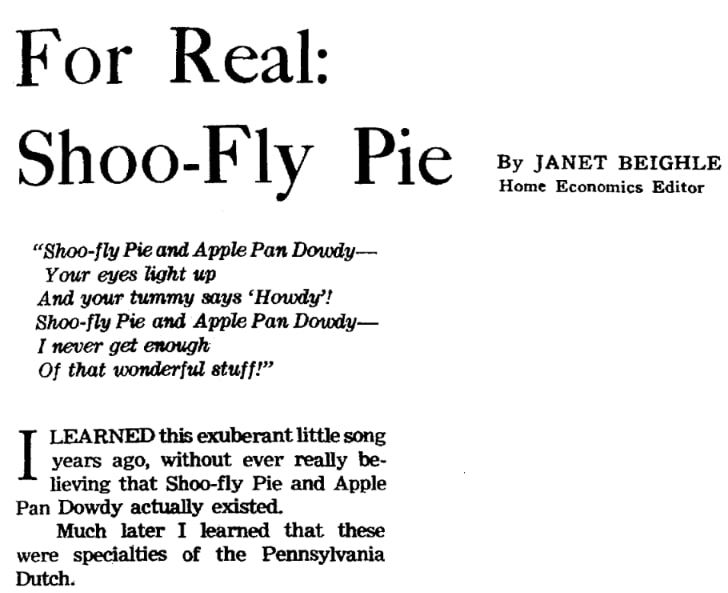 An article about shoofly pie, Plain Dealer newspaper 9 October 1966