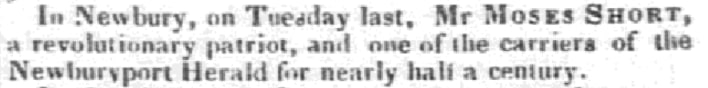 An obituary for Moses Short, Salem Gazette newspaper 9 July 1841