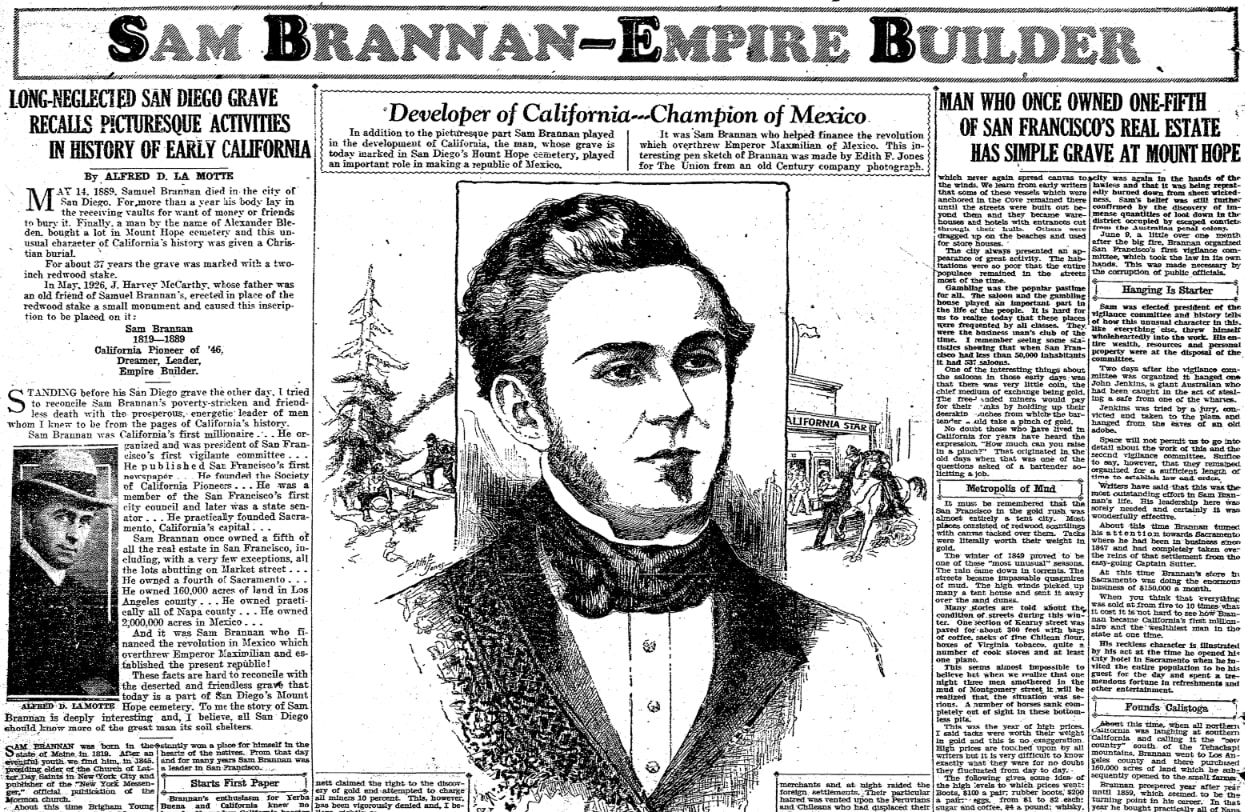 An article about Sam Brannan and the California Gold Rush, San Diego Union newspaper 12 January 1930