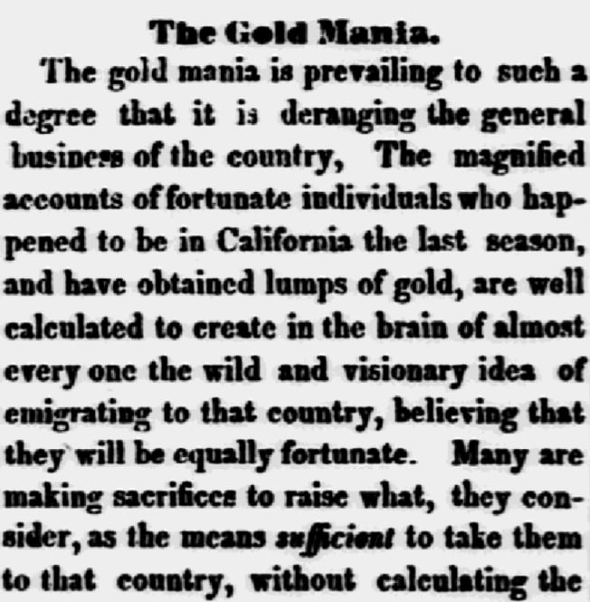 An article about the California Gold Rush, Vermont Gazette newspaper 26 December 1848