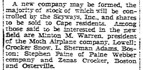 An article about shareholders for the Cape Cod Airport, Boston Herald newspaper 14 May 1929