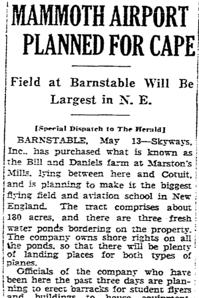 An article about the Cape Cod Airport, Boston Herald newspaper 14 May 1929