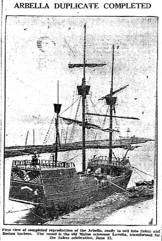 An article about the replica "Arbella," part of the Salem tercentenary celebration, Boston Herald newspaper 9 June 1930