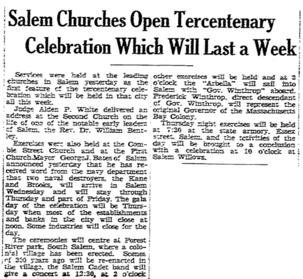 An article about the Salem tercentenary celebration, Boston Herald newspaper 9 June 1930