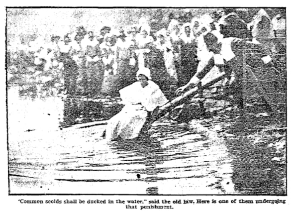 An article about the ducking stool being demonstrated at the Salem tercentenary celebration, Boston Herald newspaper 13 June 1930