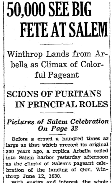 An article about the Salem tercentenary celebration, Boston Herald newspaper 13 June 1930