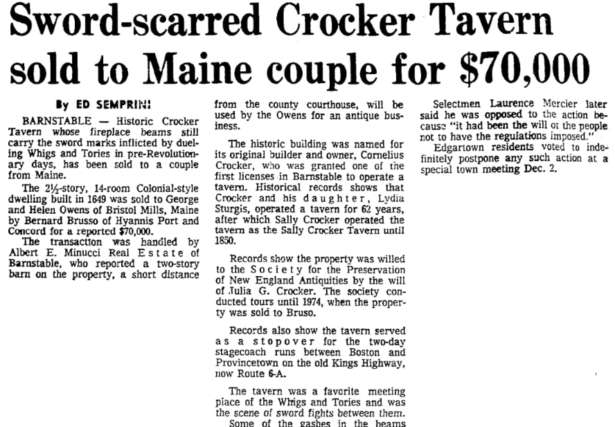 An article about the Crocker Tavern, Boston Herald newspaper article 26 December 1976