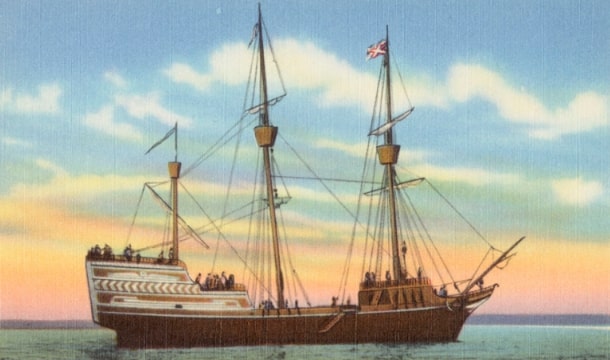 Illustration: this replica of Arbella was built in 1930 for the 300th anniversary of the Winthrop Fleet’s arrival at Salem on 12 June 1630, in conjunction with Pioneer Village, where it is now located. Credit: the Tichnor Brothers Collection, Boston Public Library, Print Department.