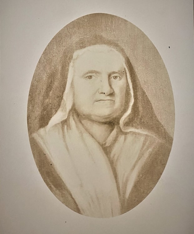 Illustration: portrait of Mercy Hinckley. From “Souvenirs of the Last Governor of Plymouth County” pamphlet. Courtesy of Sturgis Library.