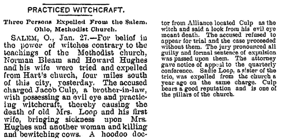 An article about a witchcraft trial, Jackson Citizen newspaper 30 January 1894