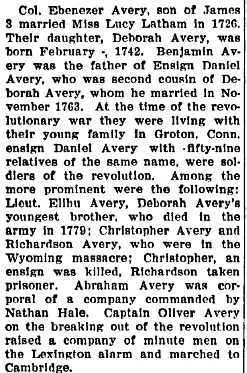 An article about the men from the Avery family who fought in the Revolutionary War, Norfolk Weekly News-Journal newspaper 24 November 1905